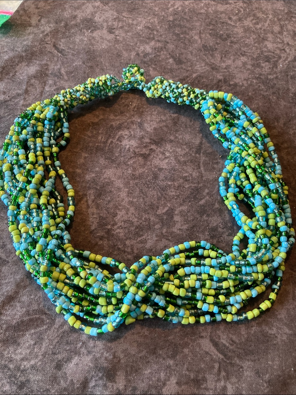 Handwoven Boho Blue & Green Bead Multi-Strand Necklace